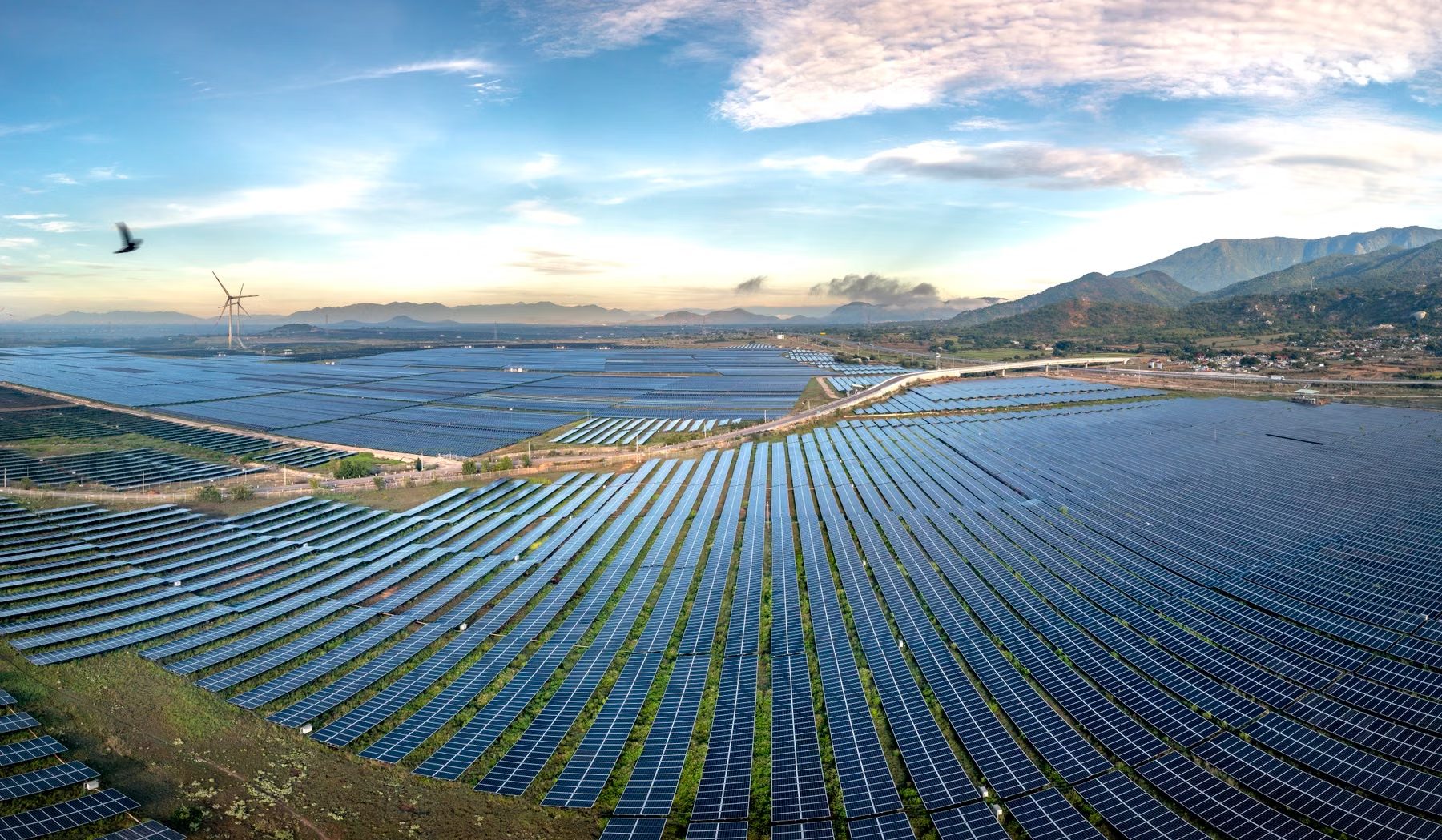 Large solar installation at sunrise